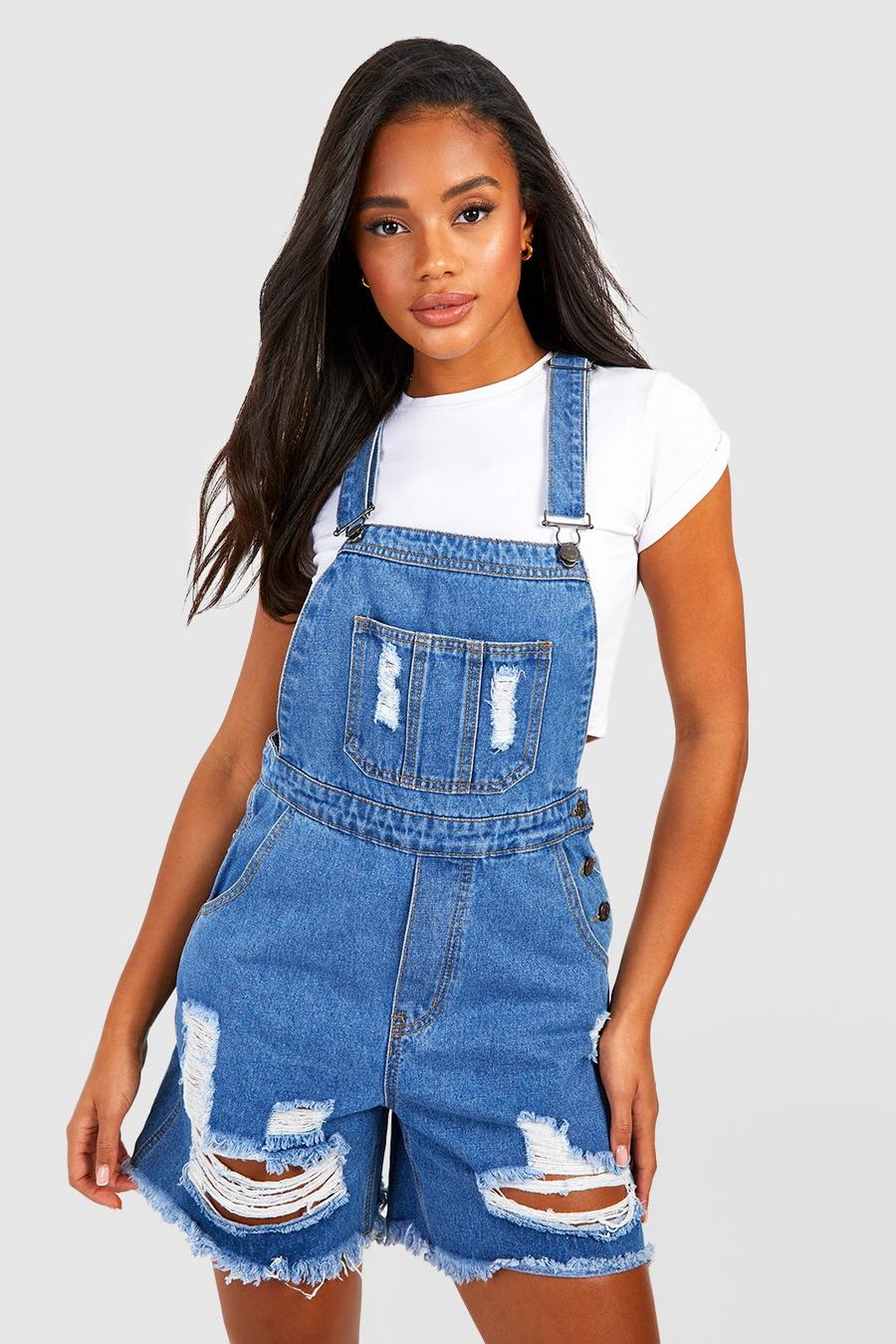 Mid wash blue Distressed Dungaree Shorts