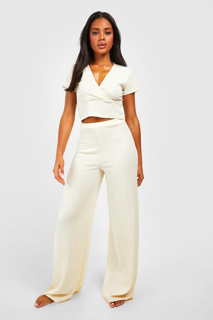 Cream Textured Wide Leg Lounge Trouser image number 1