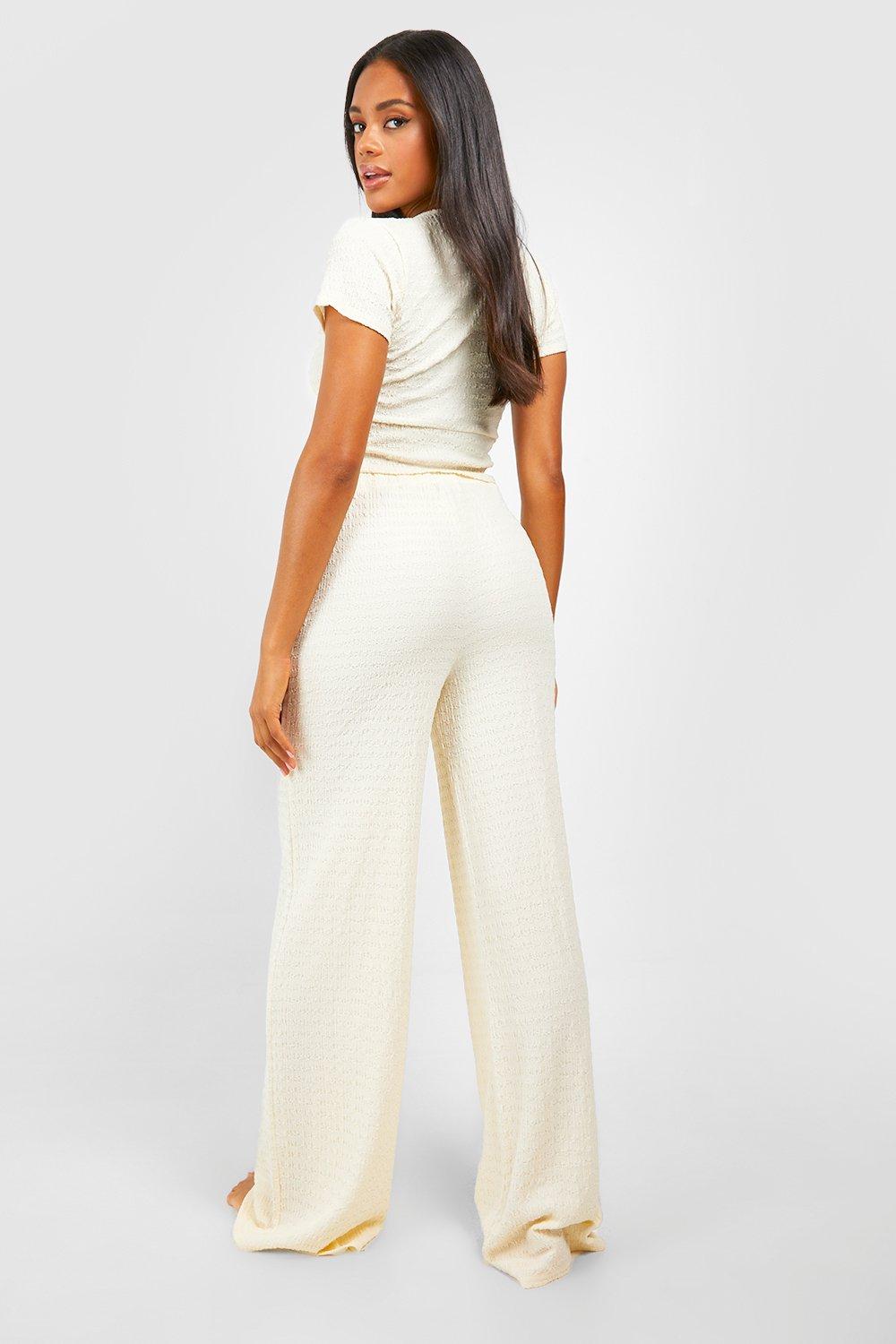 Textured Wide Leg Lounge Pants boohoo