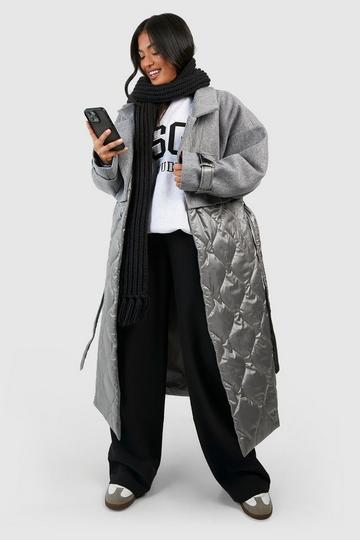 Grey Petite Quilted Wool Look Padded Trench Coat