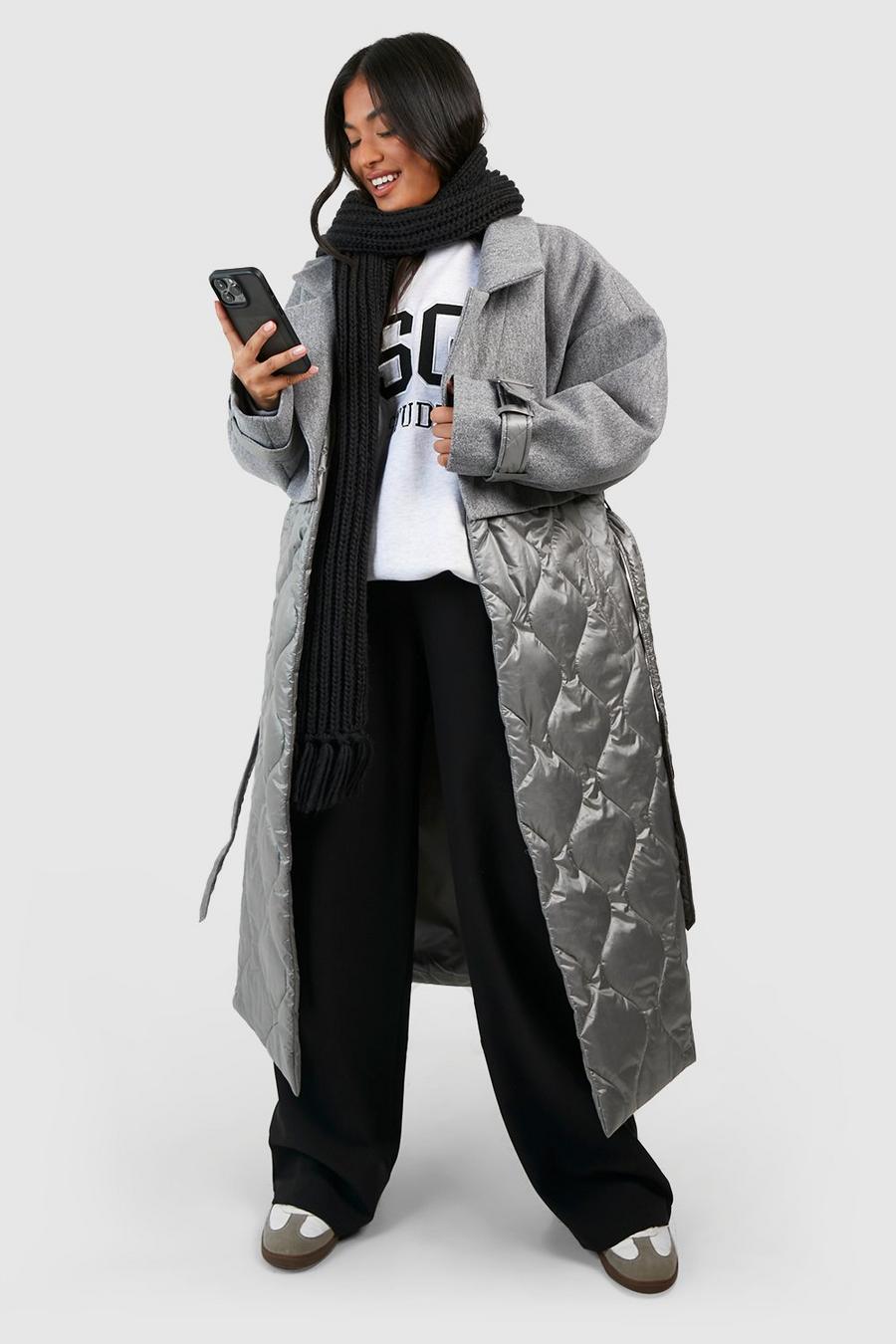 Grey grå Petite Quilted Wool Look Padded Trench Coat