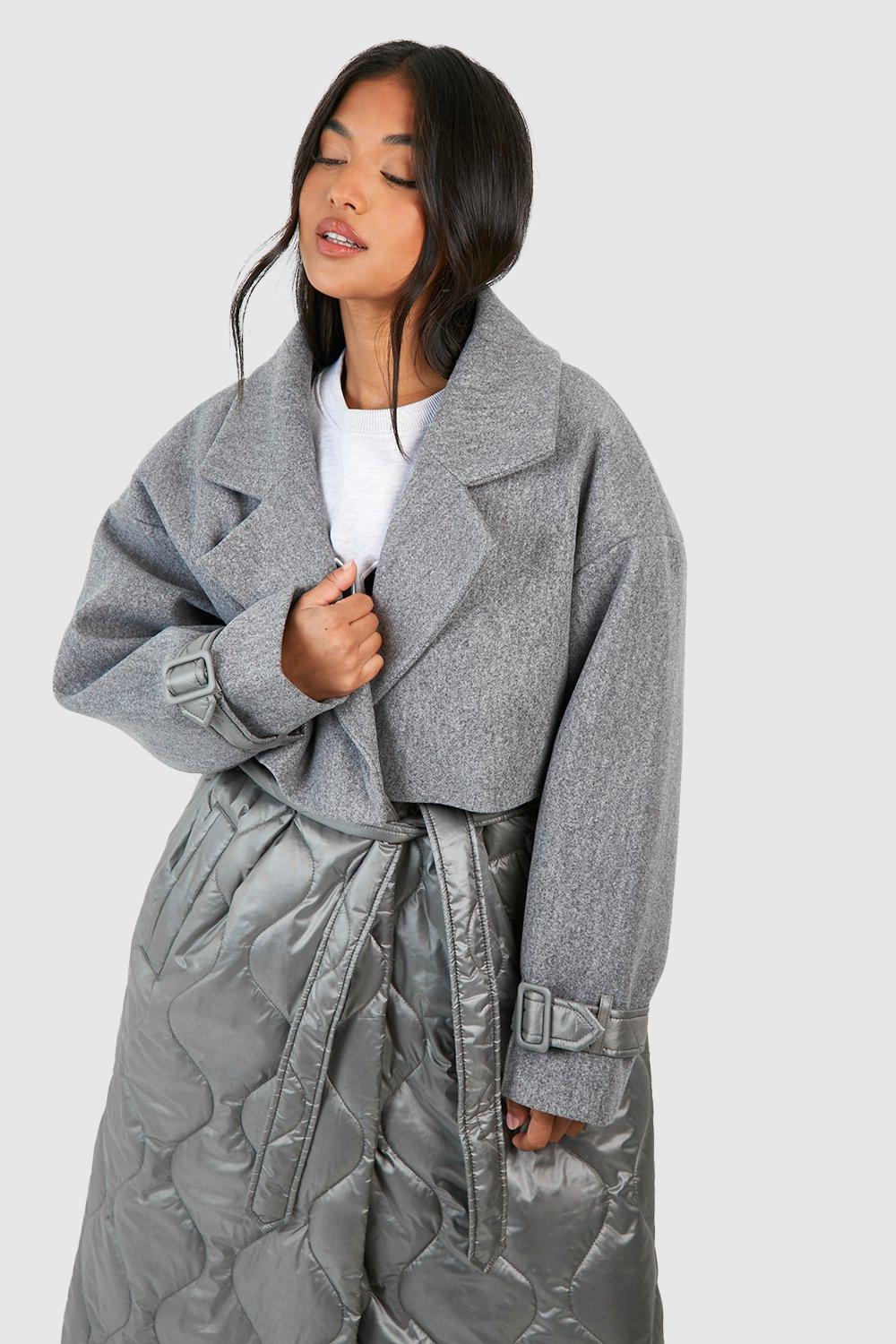 Petite Quilted Wool Look Padded Trench Coat