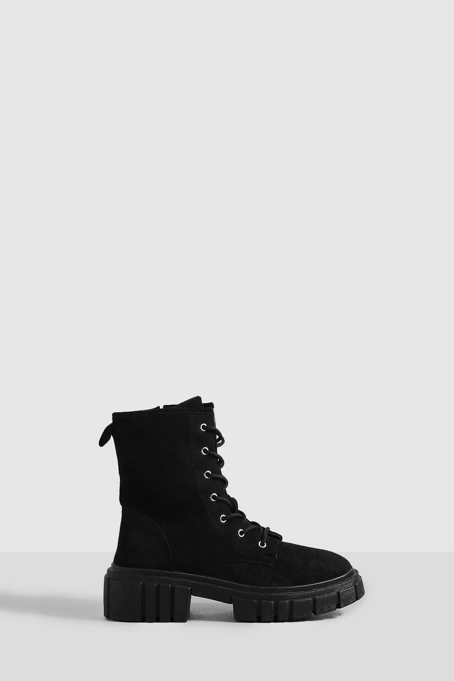 Black Wide Width Lug Sole Lace Up Combat Boots