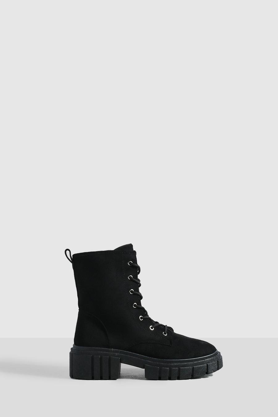 Black Cleated Sole Lace Up Hiker Boots