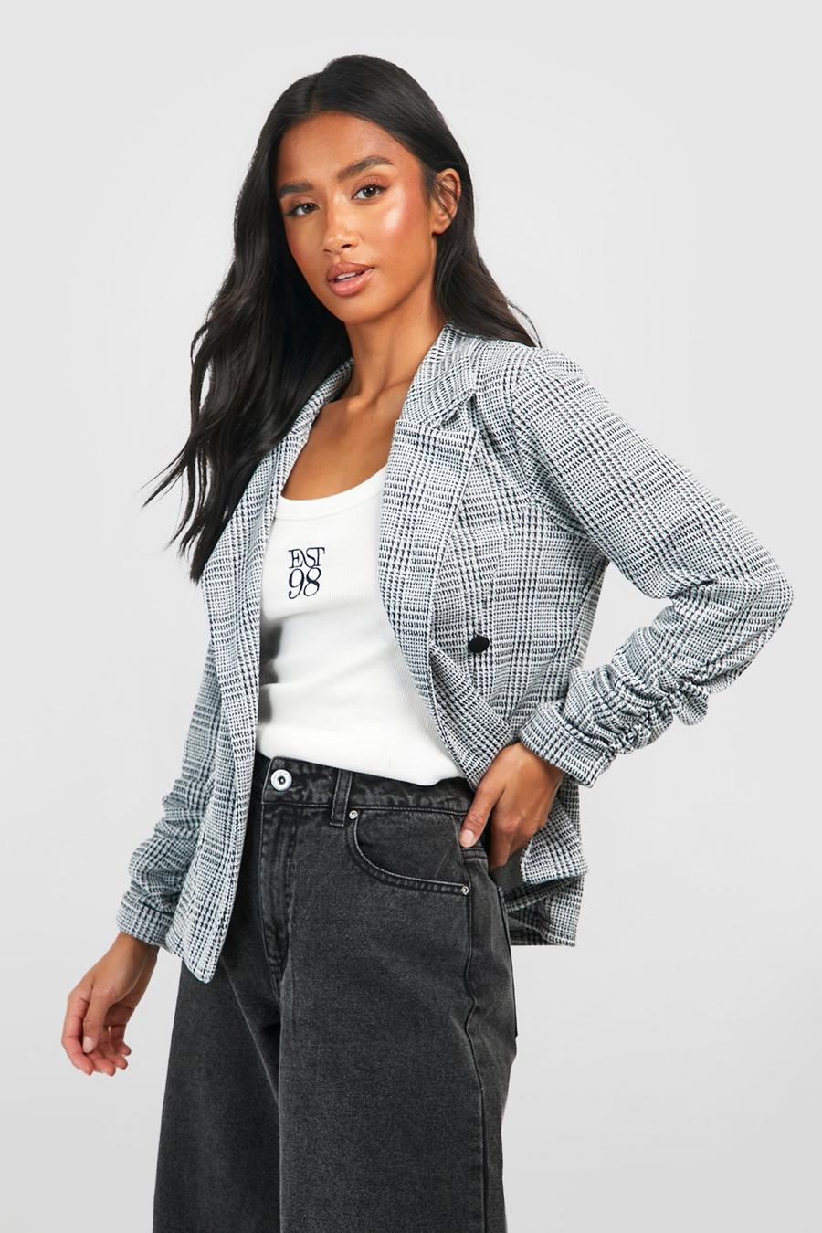 Grey Petite Check Button Sleeve Blazer image number 1