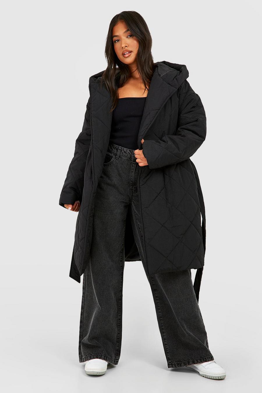 Black Petite Diamond Quilted Belted Puffer Jacket image number 1