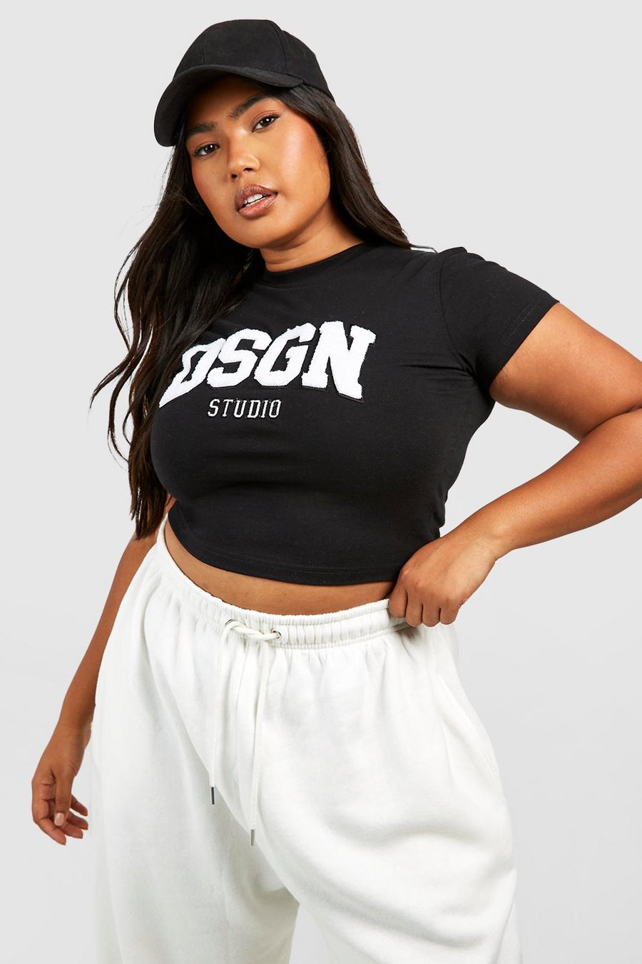 Grande taille - T-shirt en tissu éponge à slogan Dsgn Studio, Black
