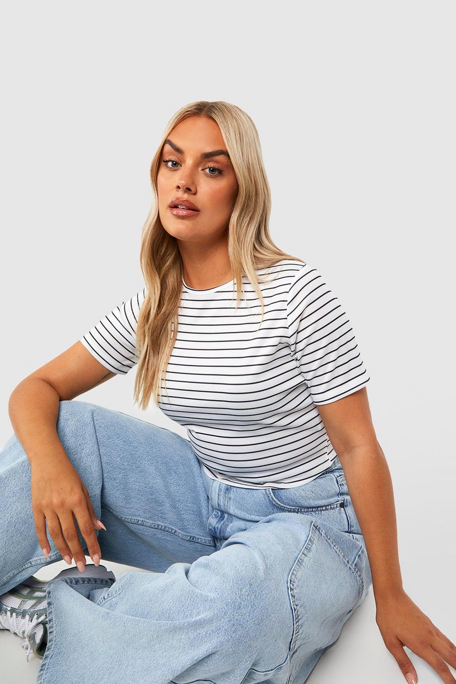 White Plus Crew Neck Thin Stripe Fitted T-shirt image number 1