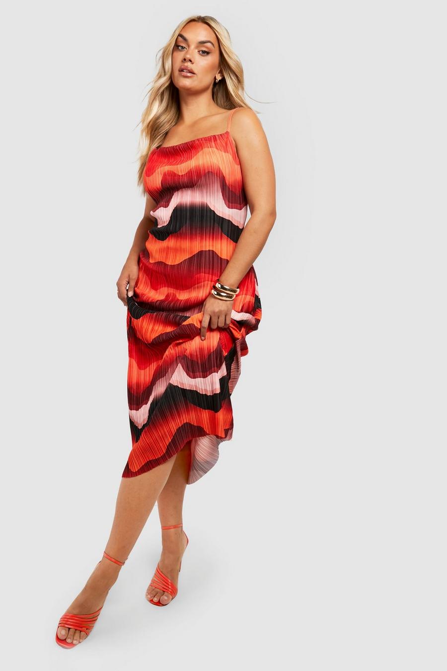 Grande taille - Robe longue plissée à imprimé abstrait, Red image number 1