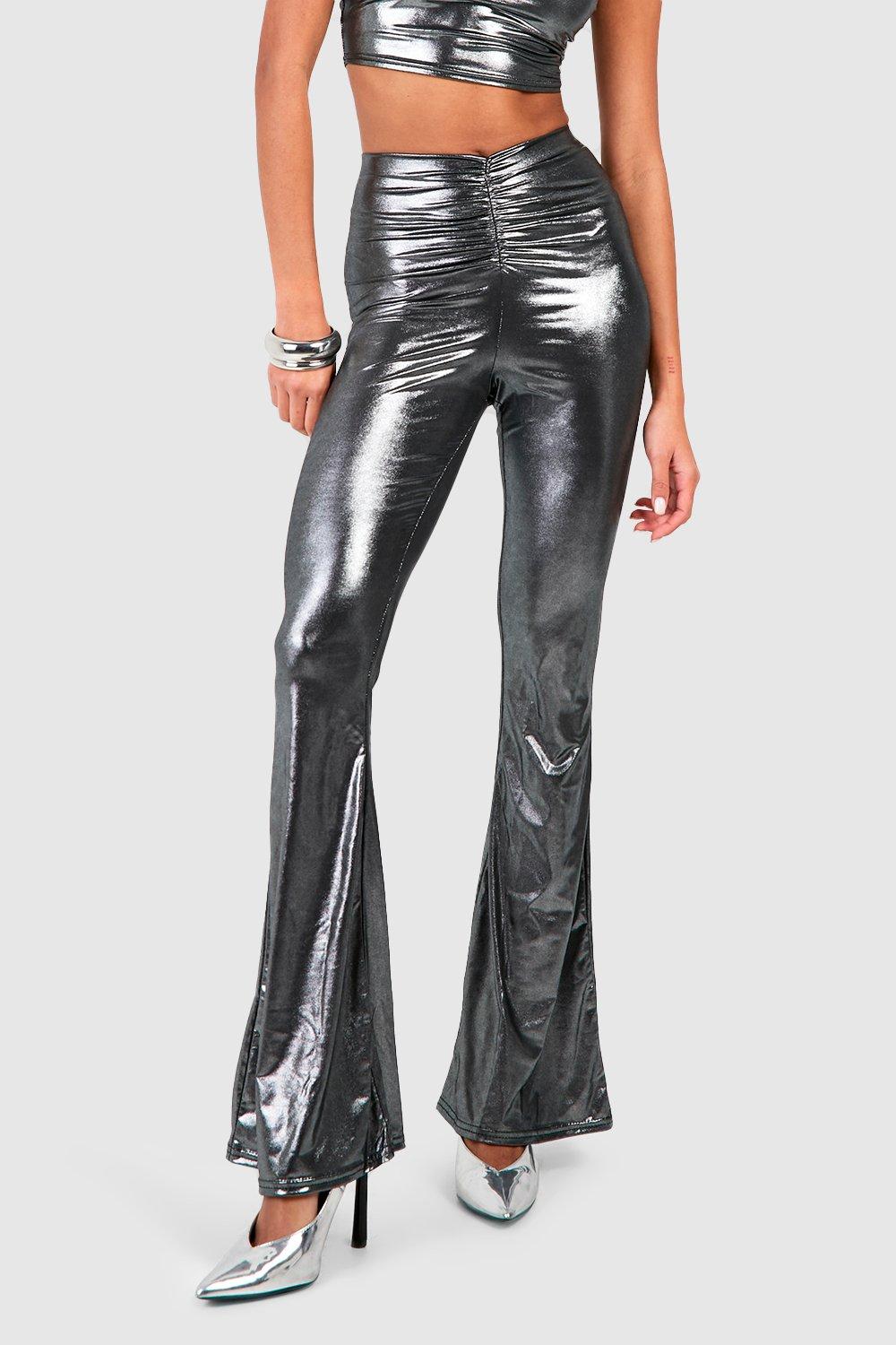 Silver Pu High Waist Ruched Flared Pants