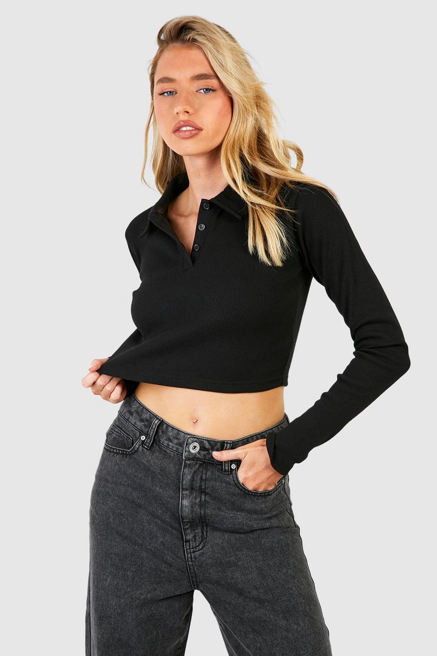 Crop top Basic a maniche lunghe a coste con colletto, Black image number 1