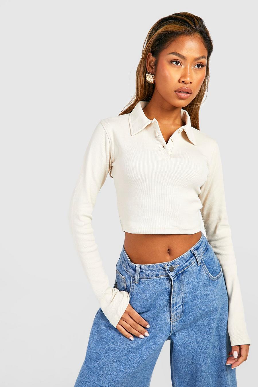 Crop top Basic a maniche lunghe a coste con colletto, Stone beis