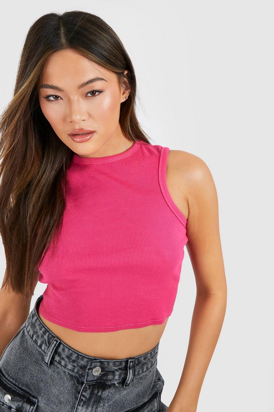 Crop top Basic a coste con scollo a vogatore, Pink image number 1