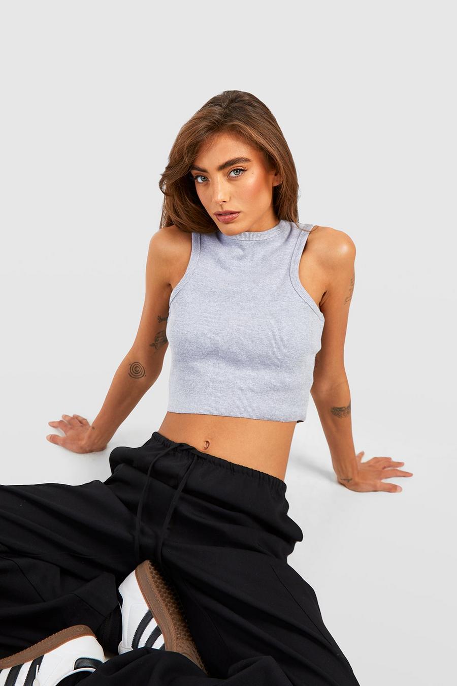 Crop top Basic a coste con scollo a vogatore, Grey marl image number 1