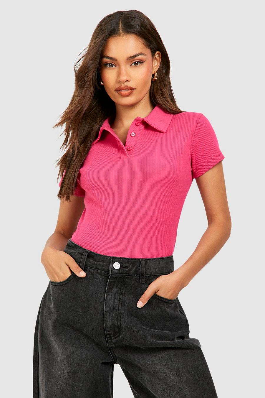 Pink Basic Rib Collared Short Sleeve Bodysuit  image number 1