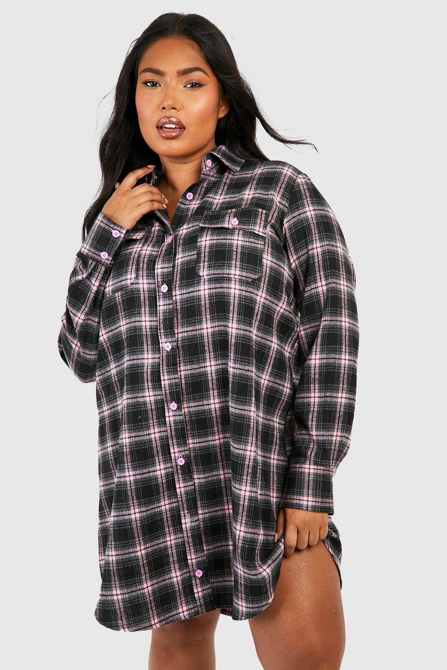 Pink Plus Checked Long Sleeve Shirt Dress image number 1