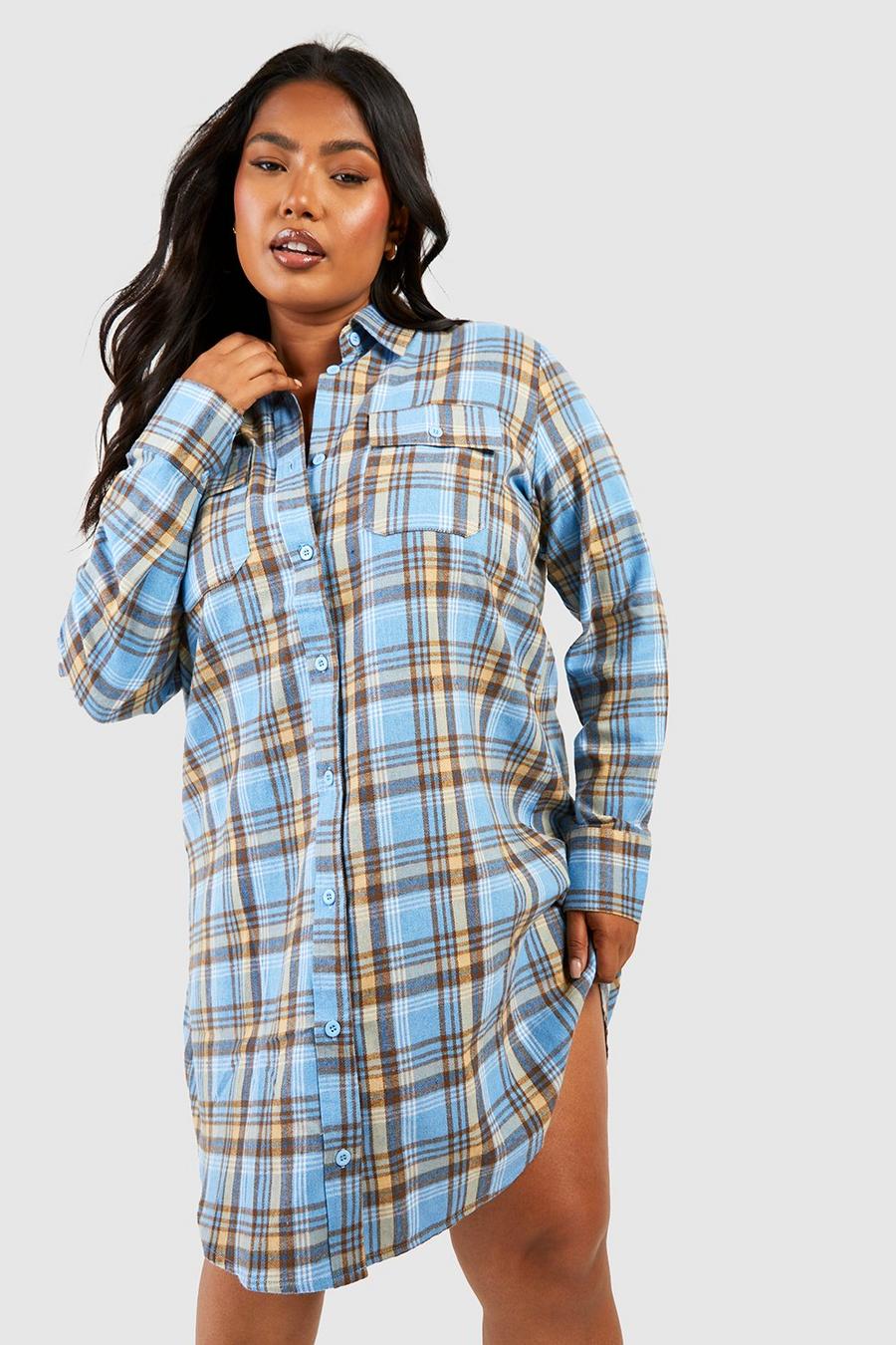Blue Plus Långärmad rutig skjortklänning med borstad yta image number 1