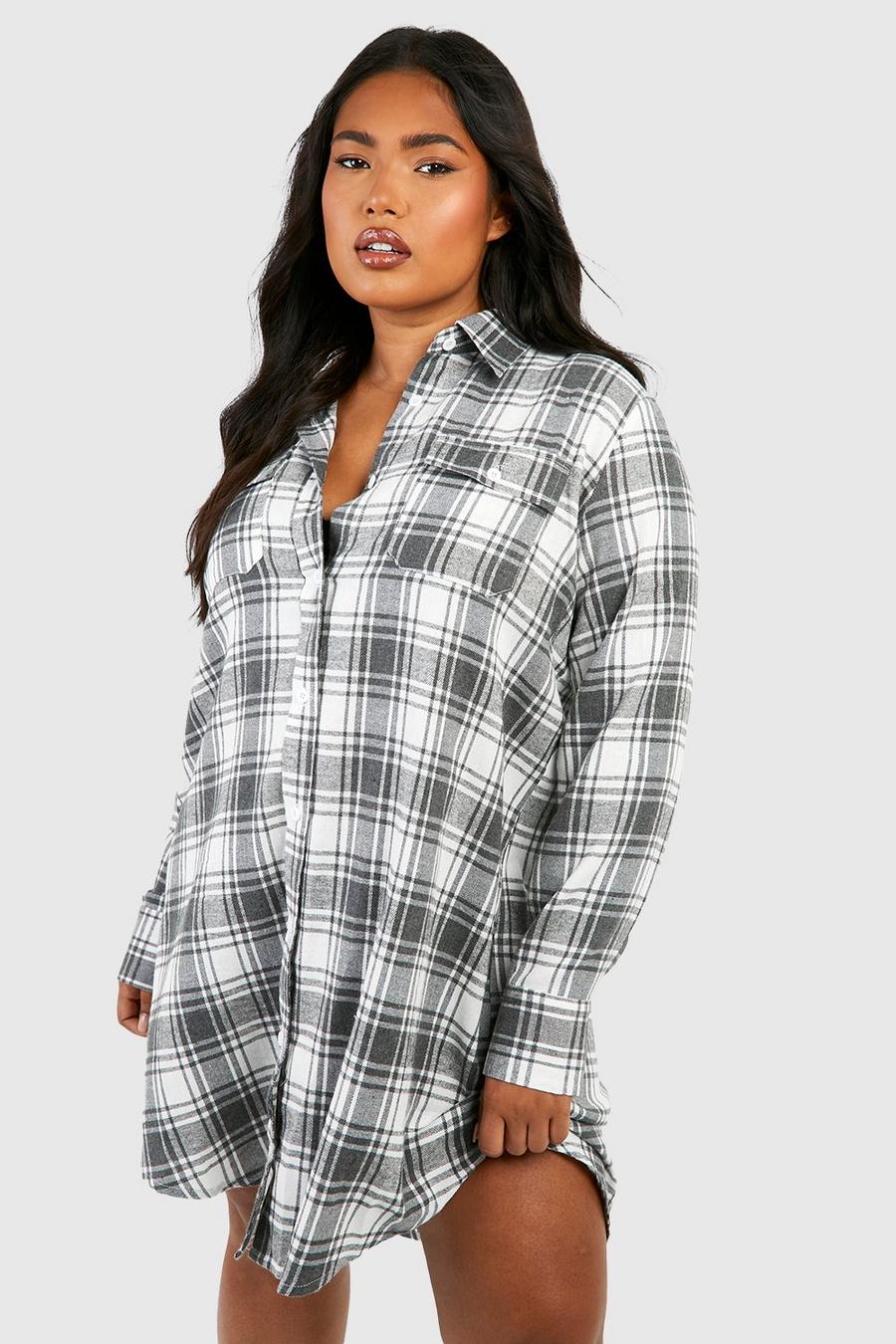 Grey Plus Checked Long Sleeve Shirt Dress image number 1