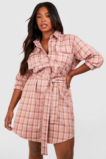 Plus Flannel Belted Shirt Dress pink