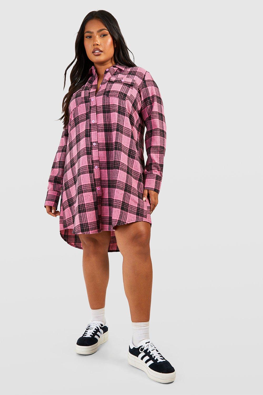 Plus Brushed Checked Long Sleeve Shirt Dress boohoo