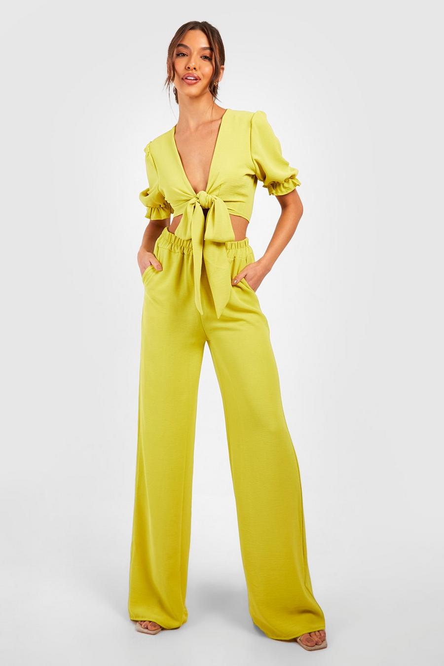 Lime green Hammered Tie Front Puff Sleeve Crop & Wide Leg Pants