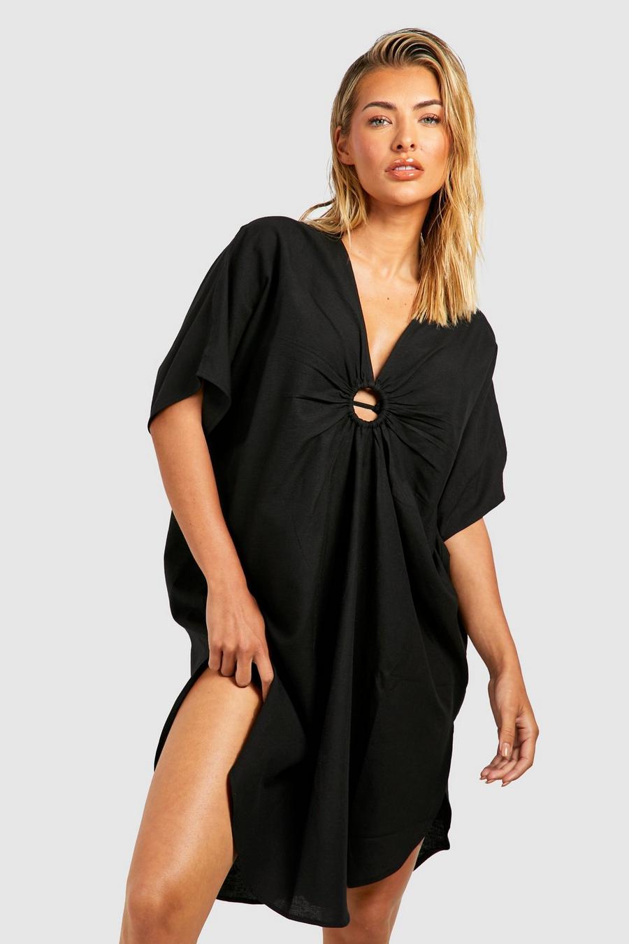 Black O-ring Linen Look Cover-up Beach Kaftan image number 1