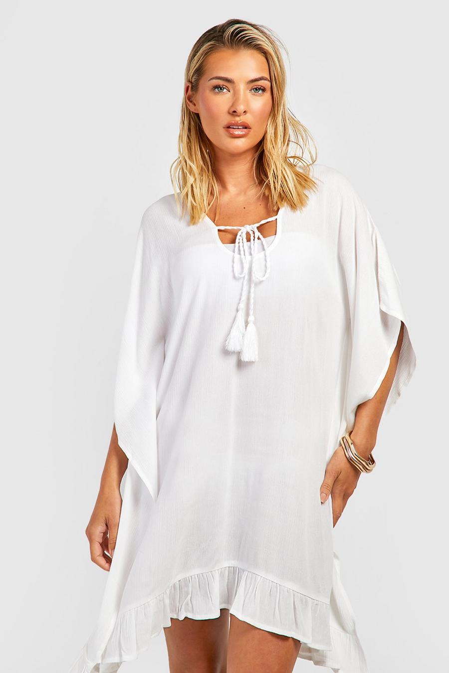 White Tassel Trim Cover-up Beach Dress image number 1
