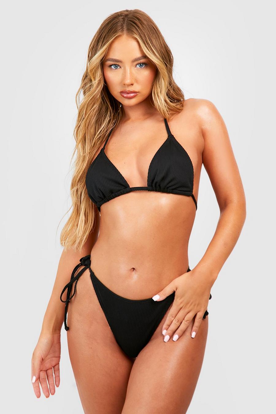 Black Ribbed Tie Side Bikini Brief