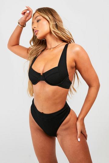 Black Ribbed Underwired Bikini Top