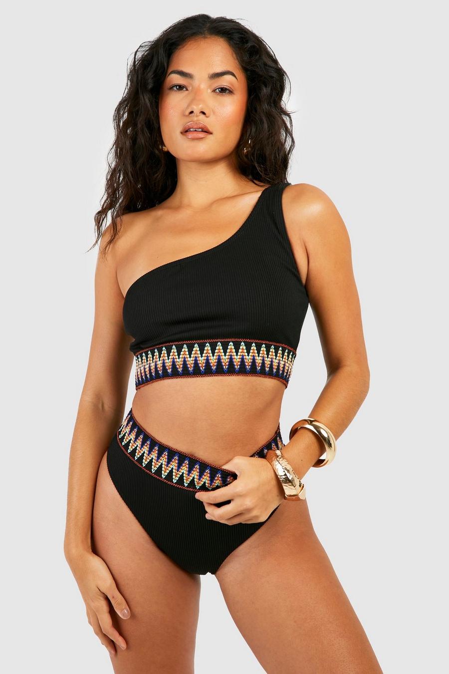 Black Aztec Tape One Shoulder Rib Bikini Top