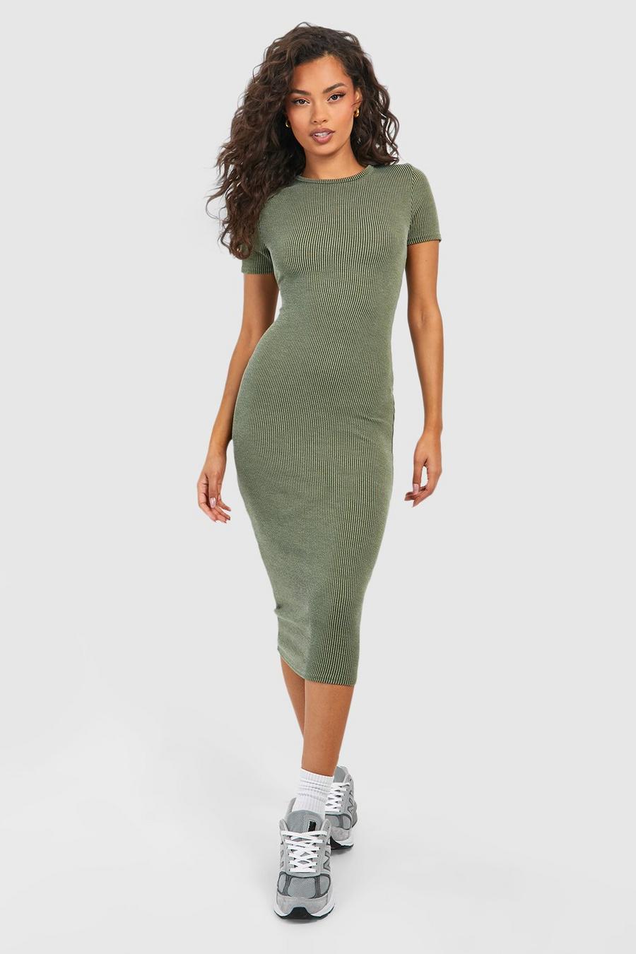 Vestido midi de manga corta y canalé con lavado a la piedra, Khaki