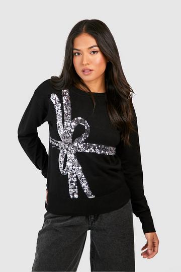 Petite Sequin Bow Christmas Sweater black