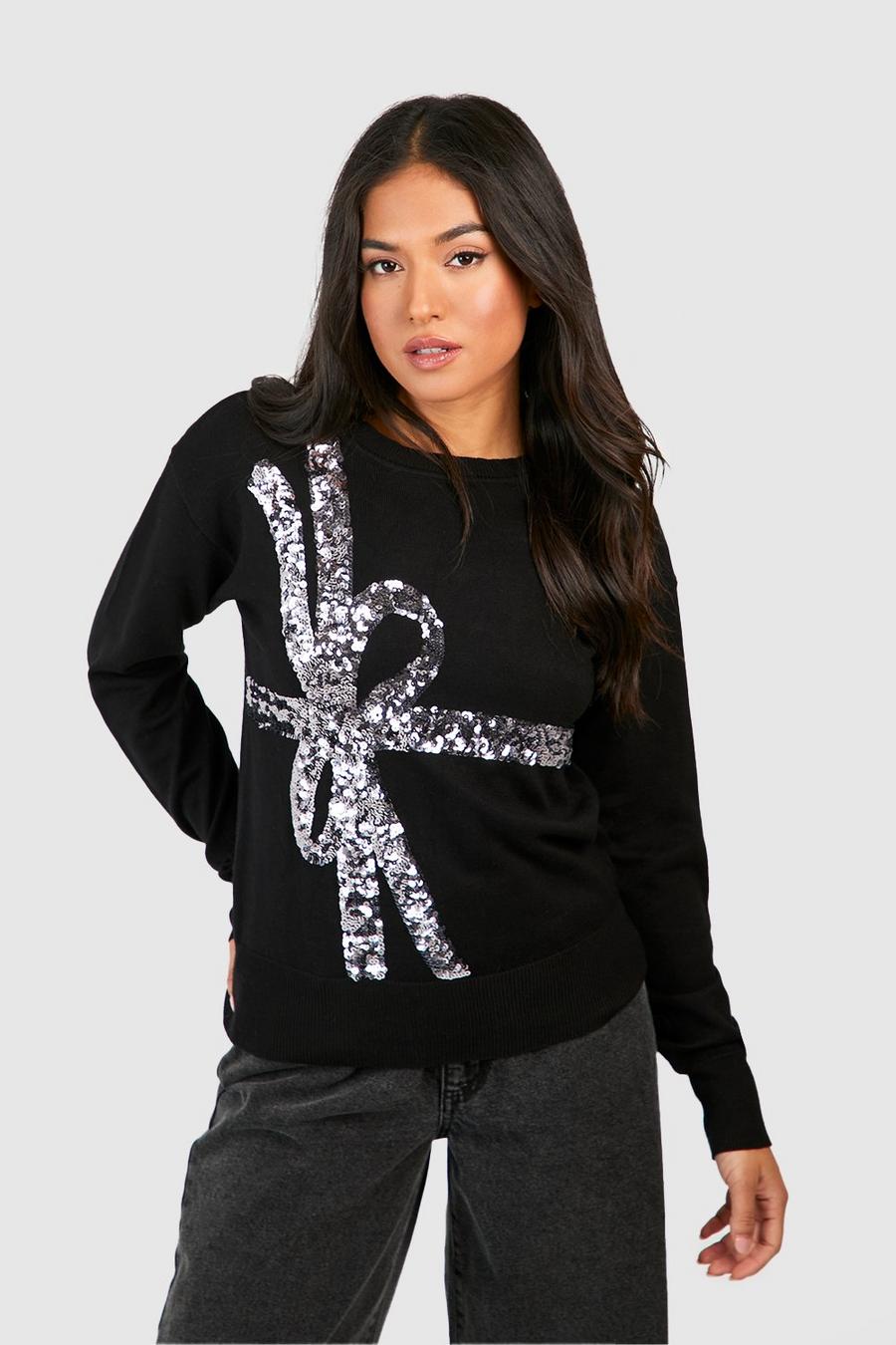 Black Petite Sequin Bow Christmas Sweater image number 1