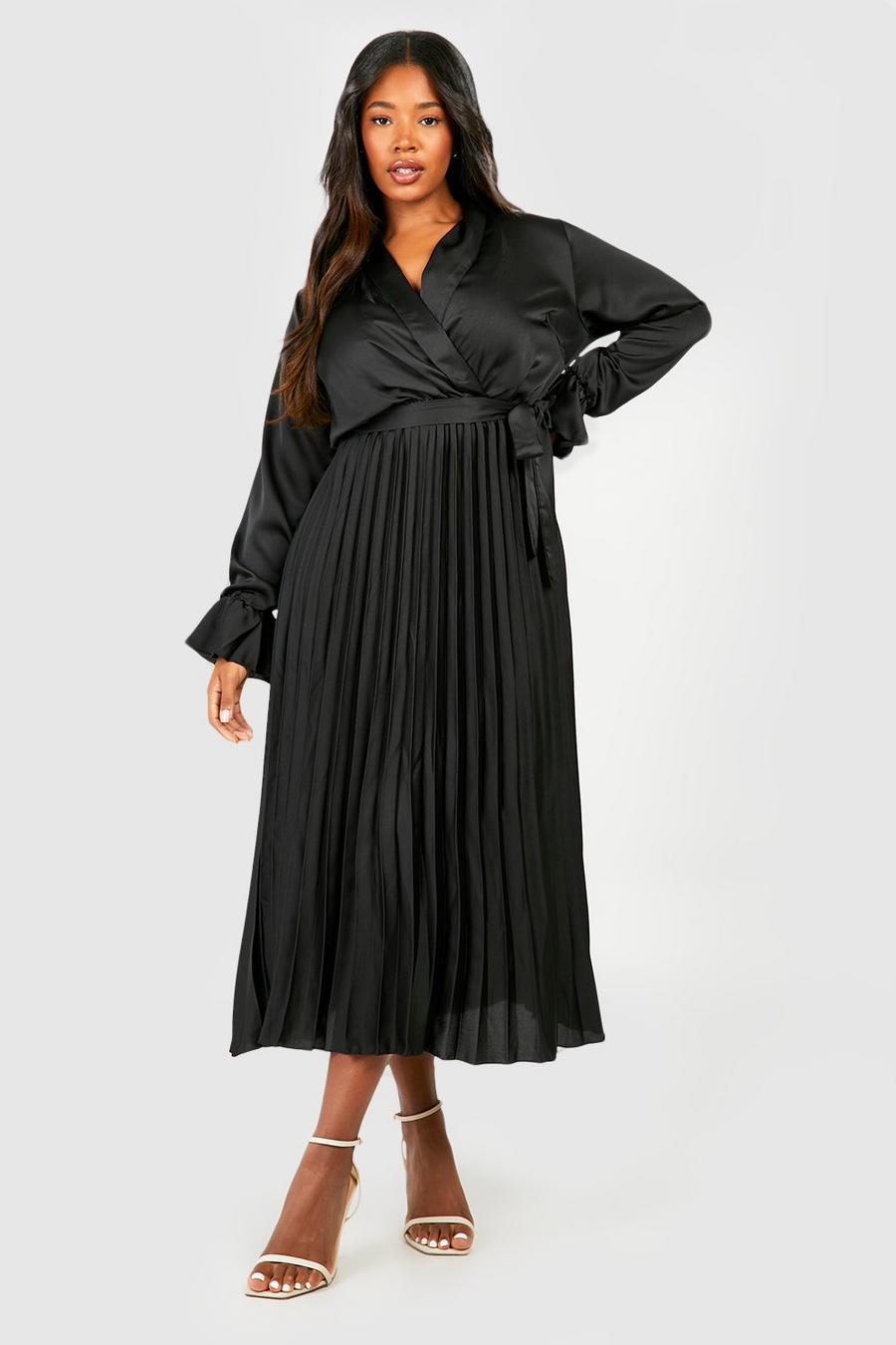 Vestito longuette Plus Size in raso con pieghe, Black image number 1