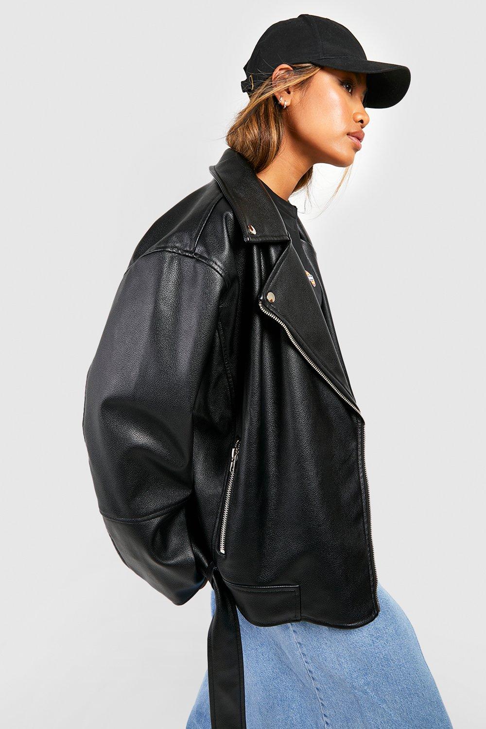 Belted Faux Leather Moto Jacket - Black