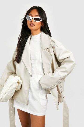 Stone Beige Super Oversized Belted Moto Jacket