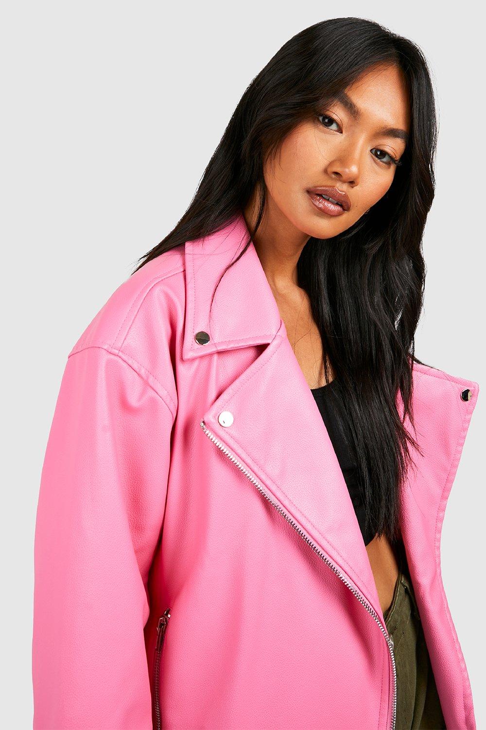Pink Pu Super Cropped Belted Biker Jacket