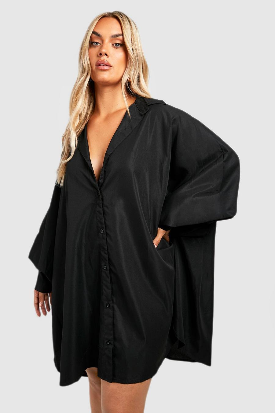 Black  Plus Oversized Batwing Balloon Sleeve Shirt Dress image number 1