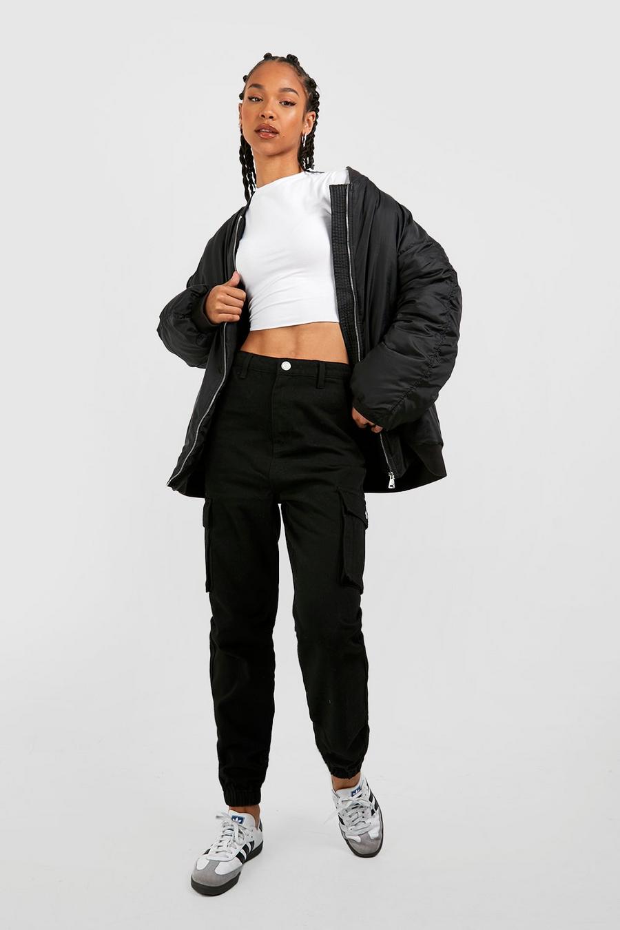 Black Tall High Waisted Denim Cargo Track Pants image number 1