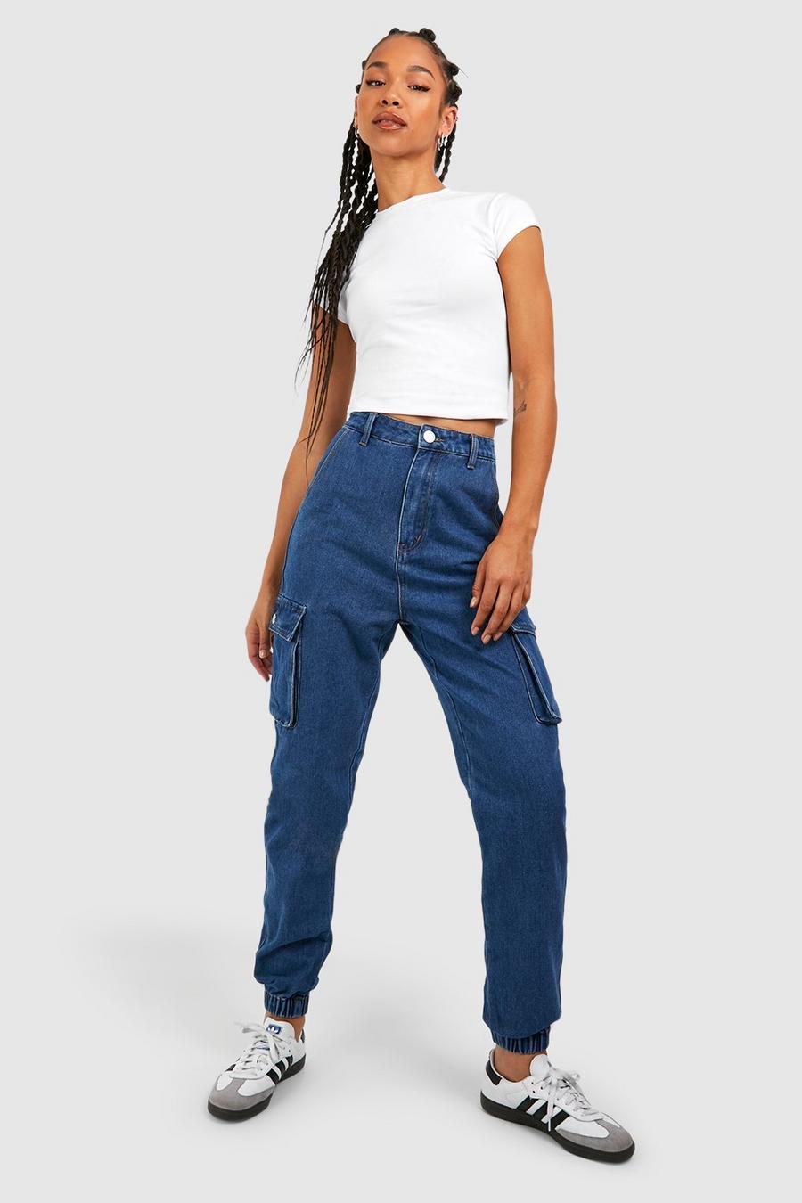 Mid wash Tall High Waisted Denim Cargo Joggers image number 1