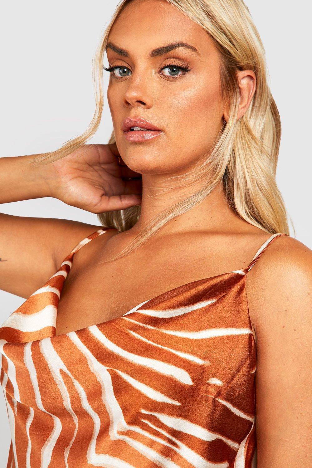 Plus Satin Zebra Print Cowl Neck Camisole