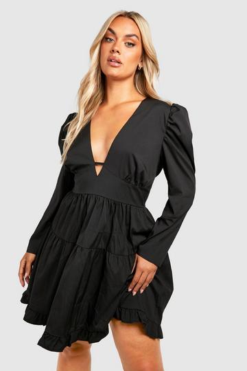 Plus Woven Puff Sleeve Tiered Smock Dress black