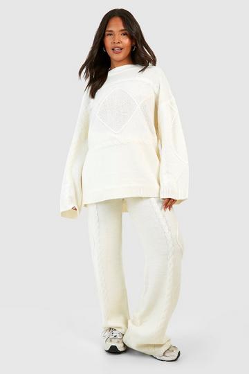 Plus Cable Knit Sweater & Wide Leg Two-Piece cream