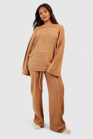 Plus Cable Knit Jumper & Wide Leg Co-ord taupe