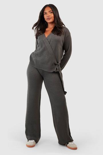 Plus Wrap Tie Side Sweater And Pants Two-Piece charcoal