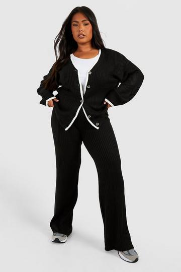 Black Plus Contrast Piping Cardigan Lounge Set