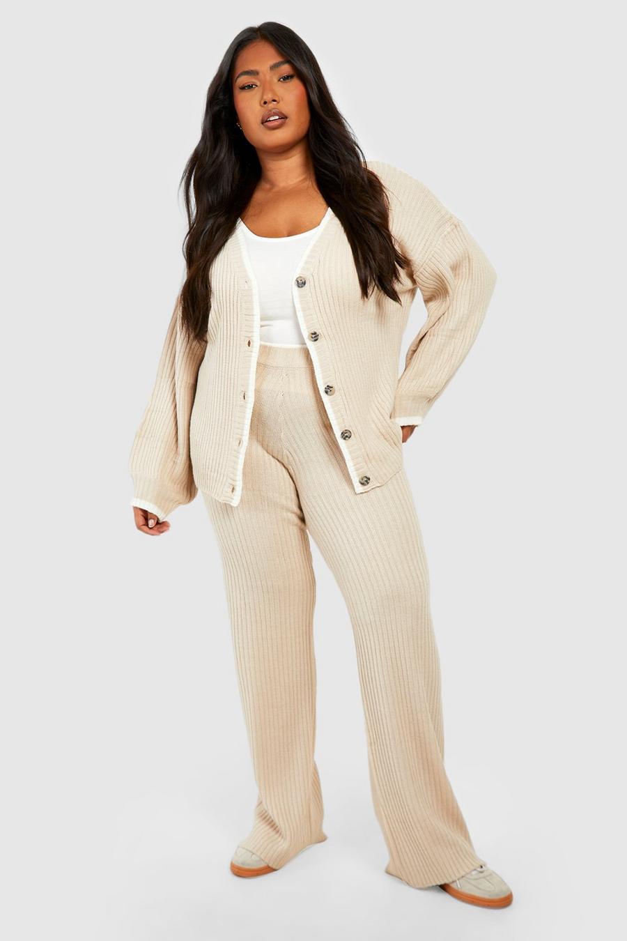 Stone beige Plus Contrast Piping Cardigan Lounge Set