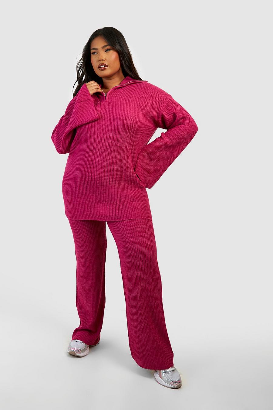 Raspberry Plus Knitted Funnel Neck Wide Leg Pants Set image number 1