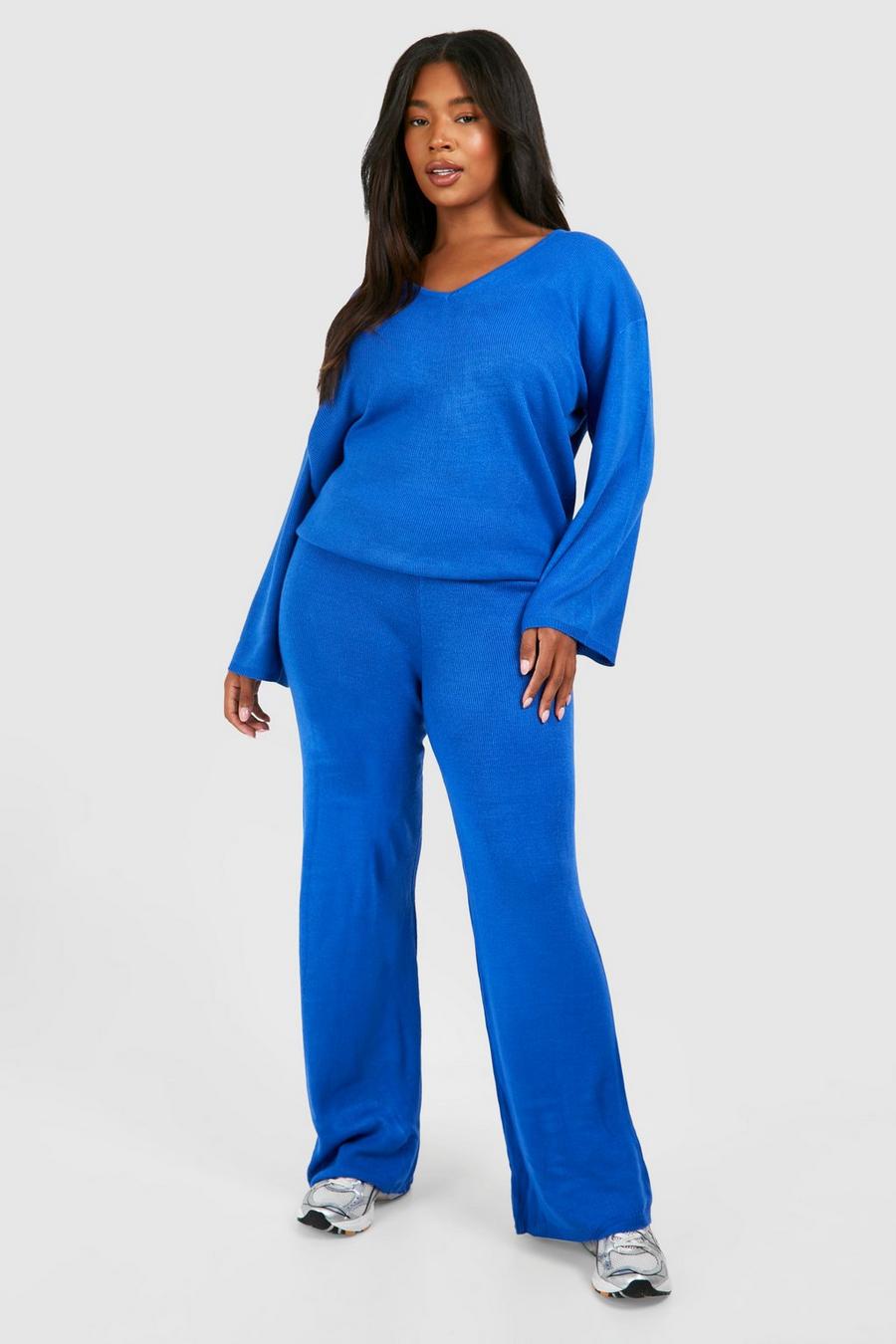 Cobalt Plus Knitted V Neck Side Split Pants Set