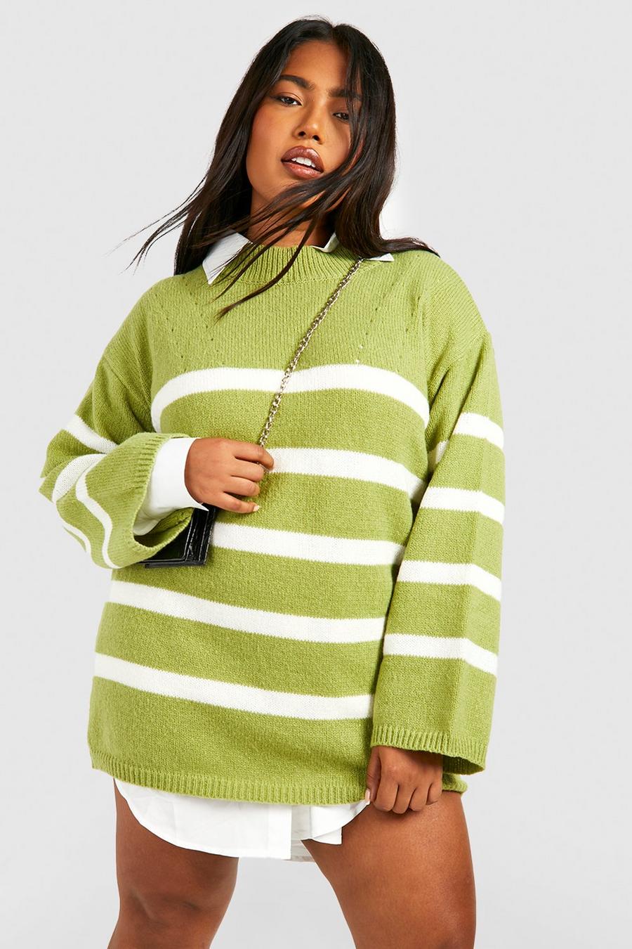 Olive green Plus Stripe 2 In 1 Shirt Jumper